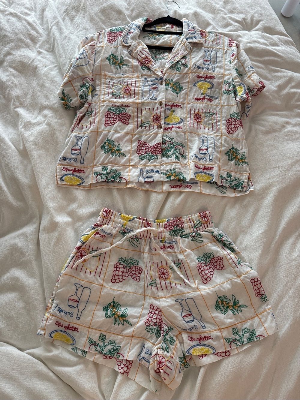 Embroidered Two-Piece linen  Lounge Set - White with Red, Green & Yellow Motif